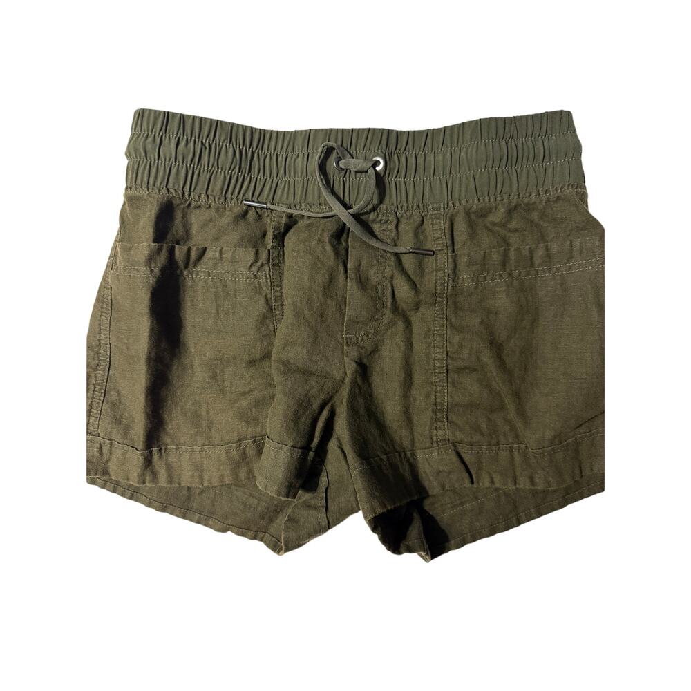 Athleta 100% Linen Shorts Women’s 4 Olive Green Drawstring Elastic Waist Pockets
